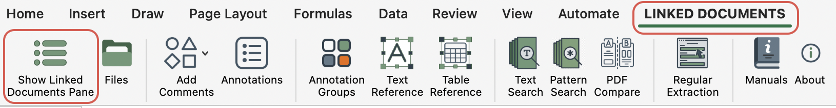 Linked Documents tools available from the Microsoft Excel ribbon