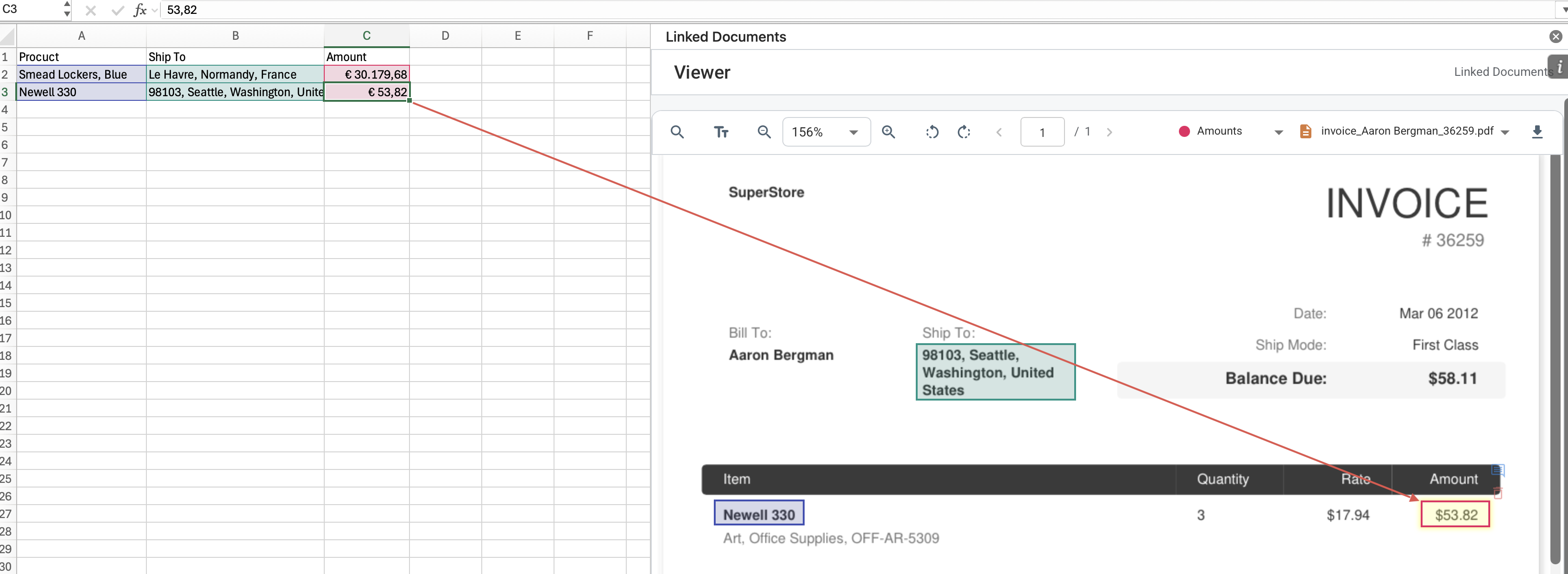 Linked Documents showing PDF text references linked to Excel cells