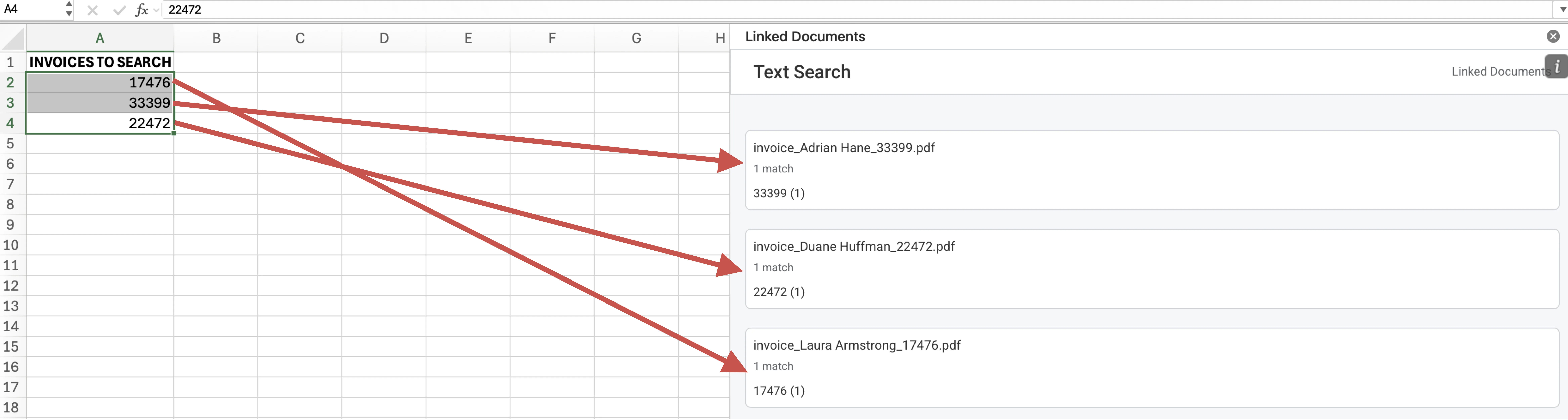 Text search results across PDF documents in Linked Documents