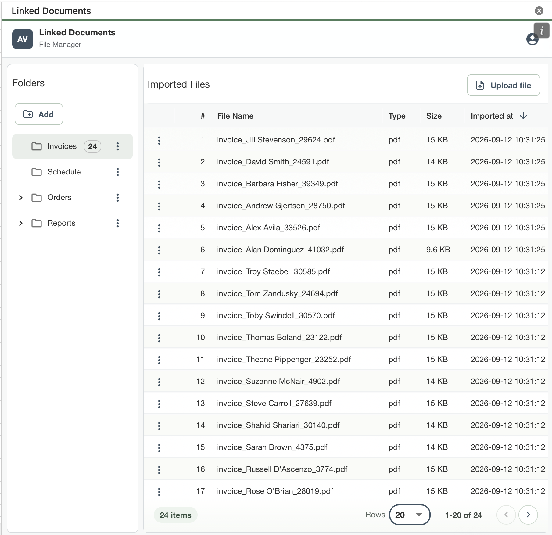 Linked Documents interface showing a PDF workspace connected to Excel